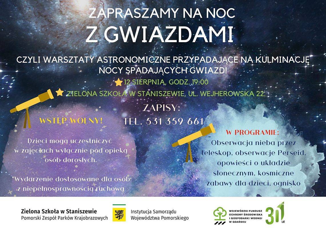 Plakat informujący o warsztatach astronomicznych Noc z gwiazdami 12 sierpnia, 2024 r. w Zielonej Szkole w Staniszewie