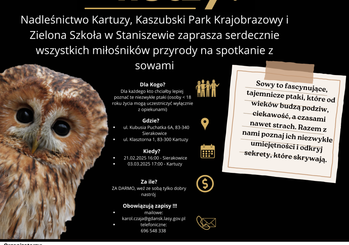 Grafika Zapraszamy na warsztaty nt. sów w Kaszubskim Parku Krajobrazowym