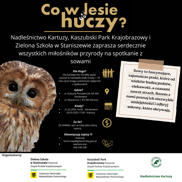 Grafika Zapraszamy na warsztaty nt. sów w Kaszubskim Parku Krajobrazowym